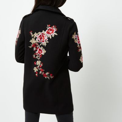 Black floral embroidered biker coat